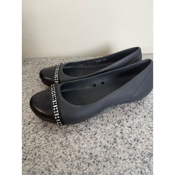 Crocs Womens Shoes 6 Solid Black Rhinestone Detail Closed Toe Slip On Ballet Fla - Picture 4 of 6